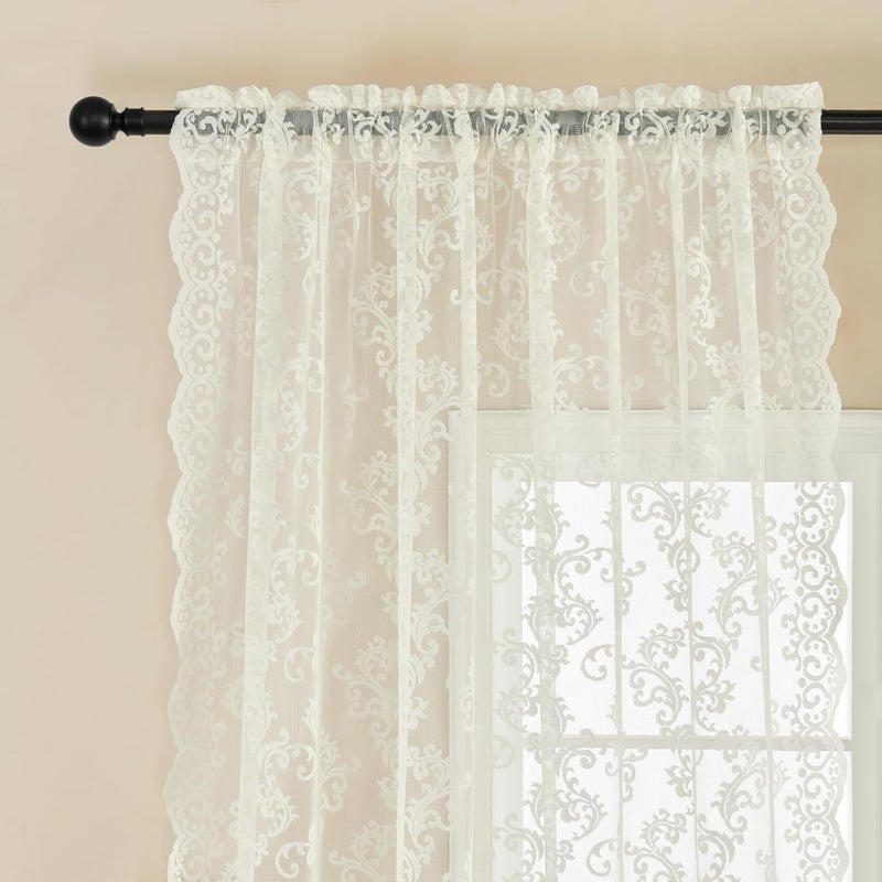FOLKSIDE Ivory Lace Curtains 54 Inch Length 2 Panels Paisley Floral Curtains for Living Room Girls Bedroom Rod Pocket Light Filtering Sheer Curtains for Small Window Decor Neutral Drapes Basement, 52x54 - Image 3